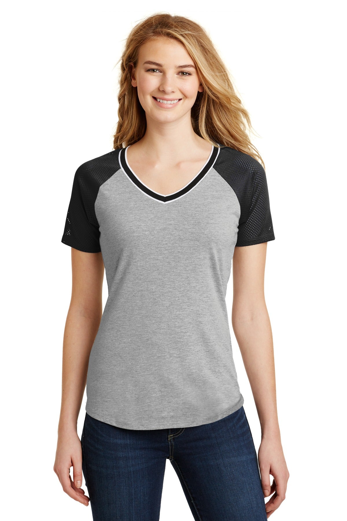 District Juniors Mesh Sleeve V-Neck Tee