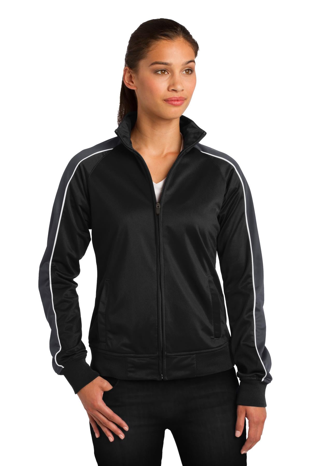 Sport-Tek Ladies Piped Tricot Track Jacket. LST92 Womens Apparel Jackets & Vests