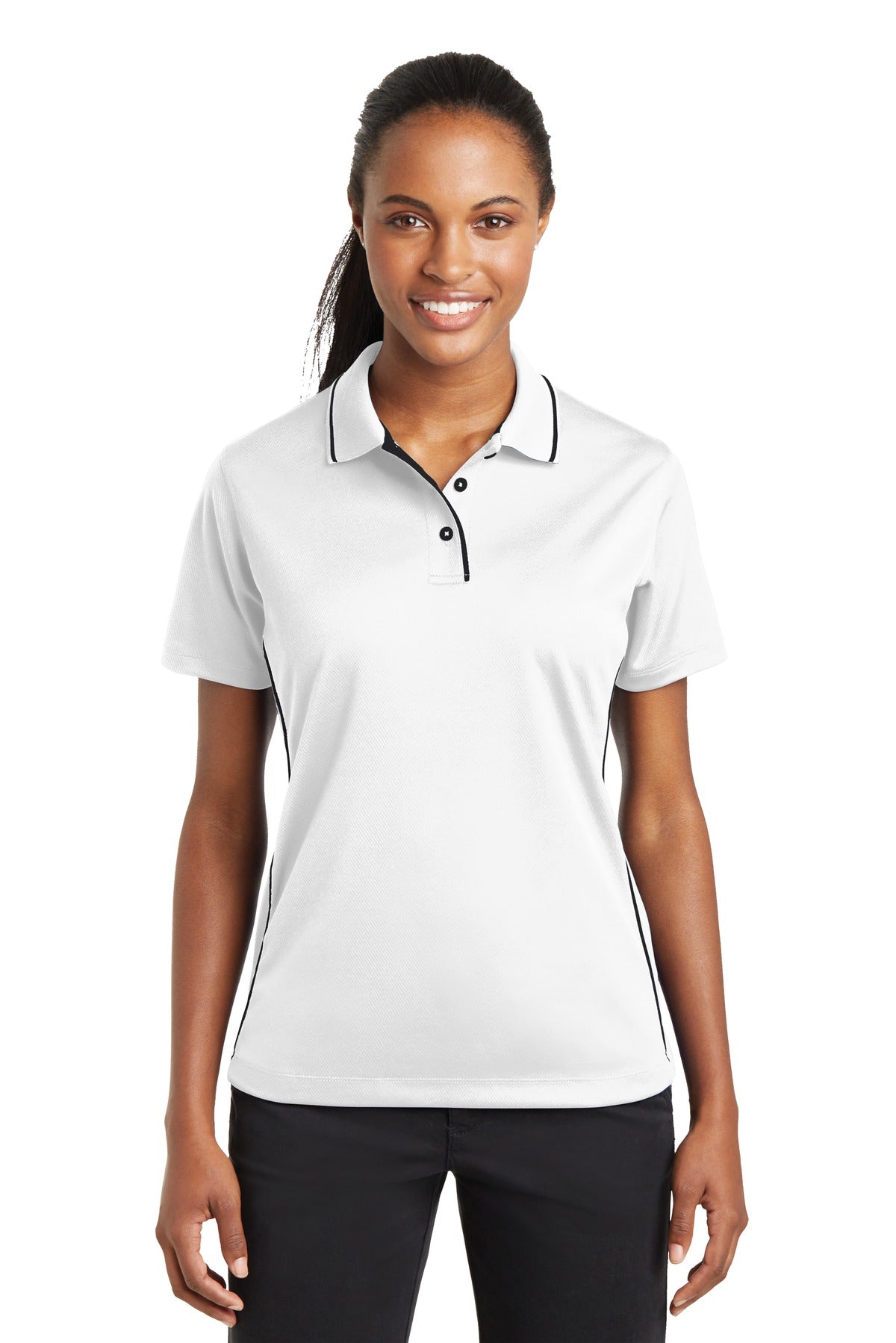 Sport-Tek Ladies Dri-Mesh Polo with Tipped Collar and Piping. L467 Womens Apparel Shirts & Tops