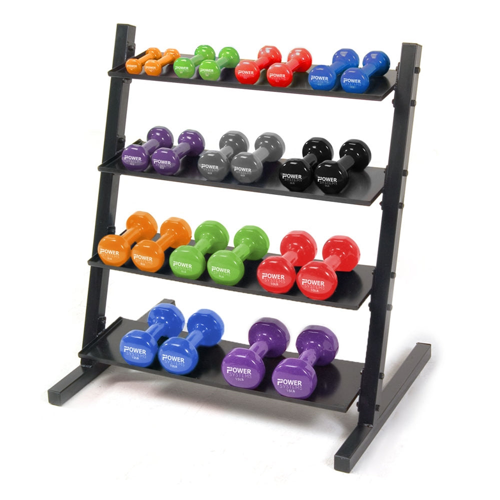 Power Systems Neoprene/Vinyl Dumbbell 4-Tier Rack w/ Deluxe Vinyl DB Prime Set 1-15 lbs Power Systems