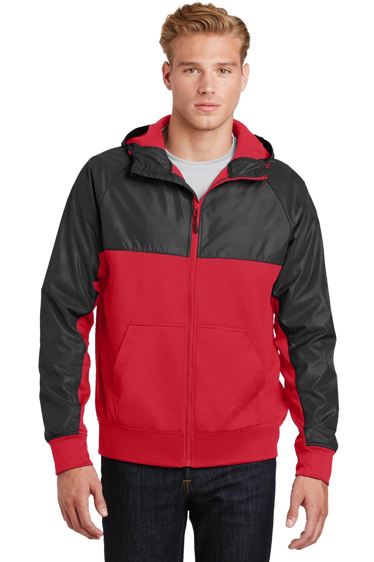 Sport-Tek Men's Embossed Hybrid Full-Zip Hooded Jacket