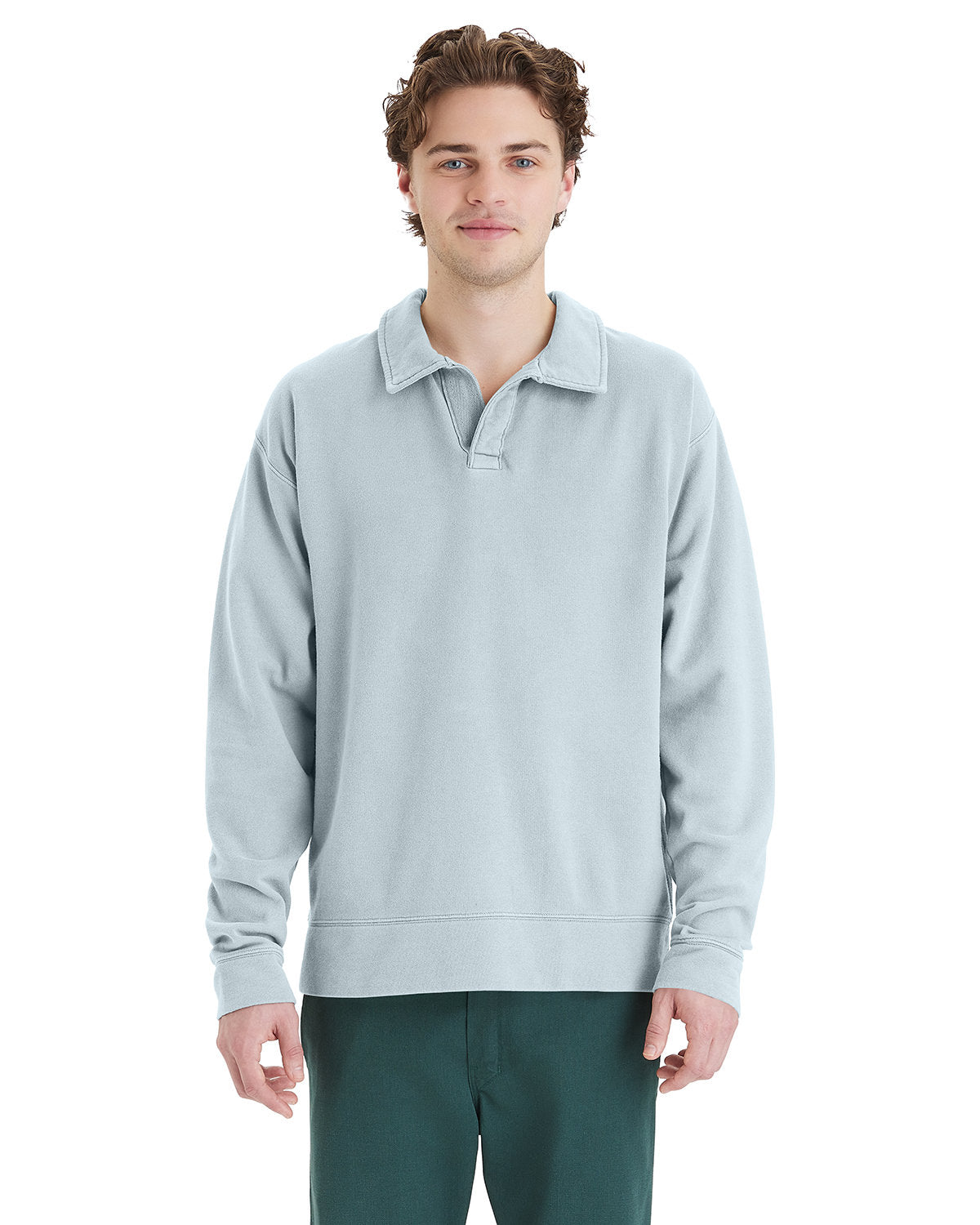 Hanes Garment Dye Polo Collar Sweatshirt Mens Apparel Shirts & Tops