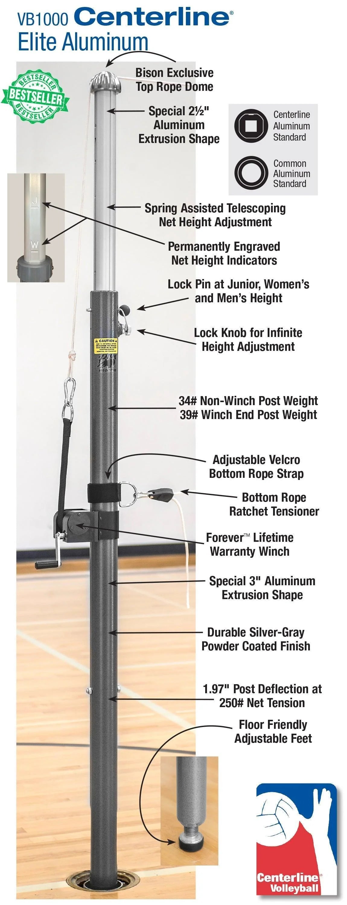 Bison Centerline Elite Aluminum System without Padding Volleyball Nets & Court Equipment All