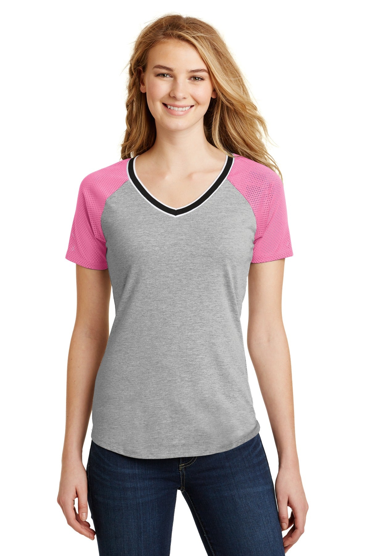 District Juniors Mesh Sleeve V-Neck Tee