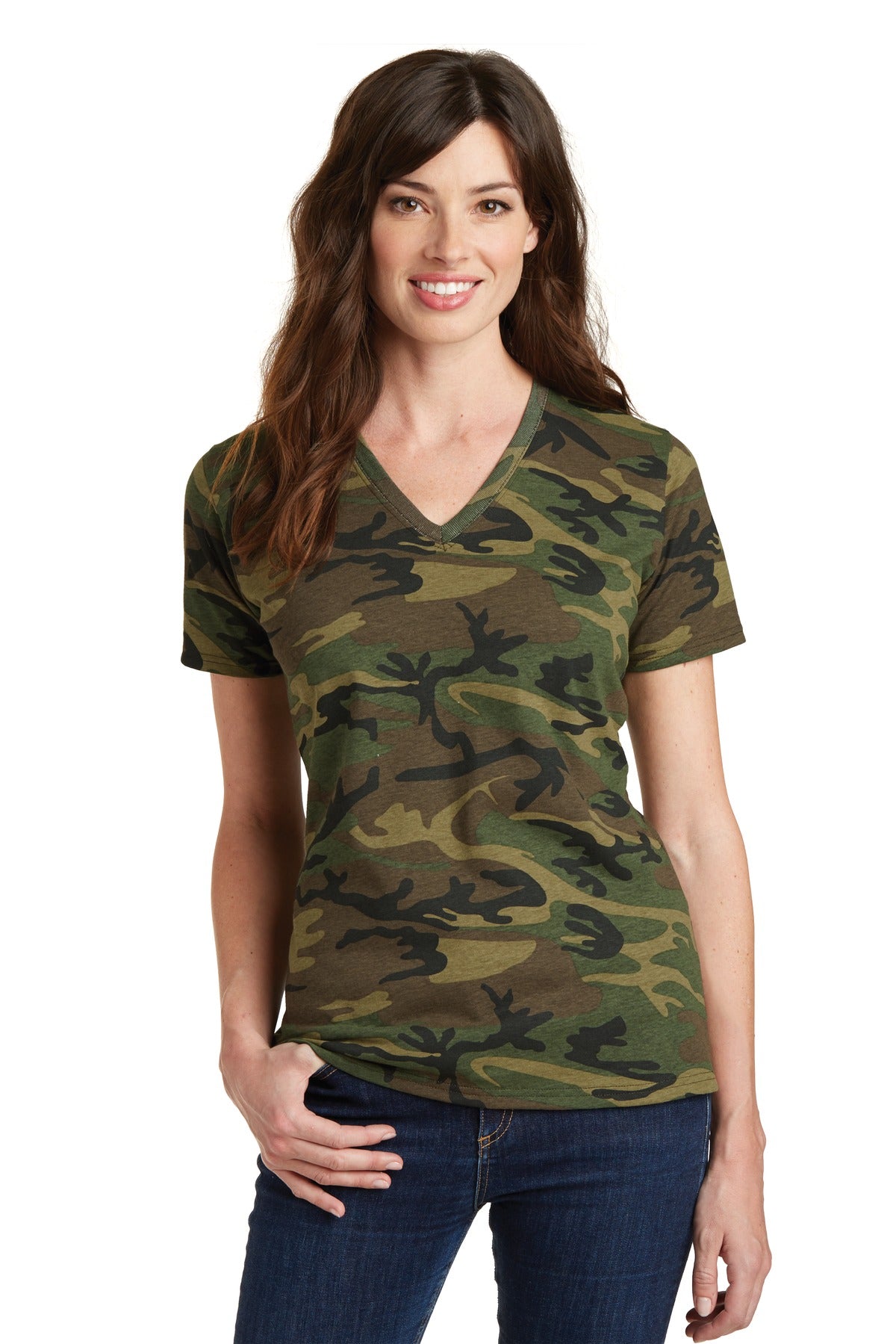 Port & Co Women's Core Cotton Camo V-Neck Tee