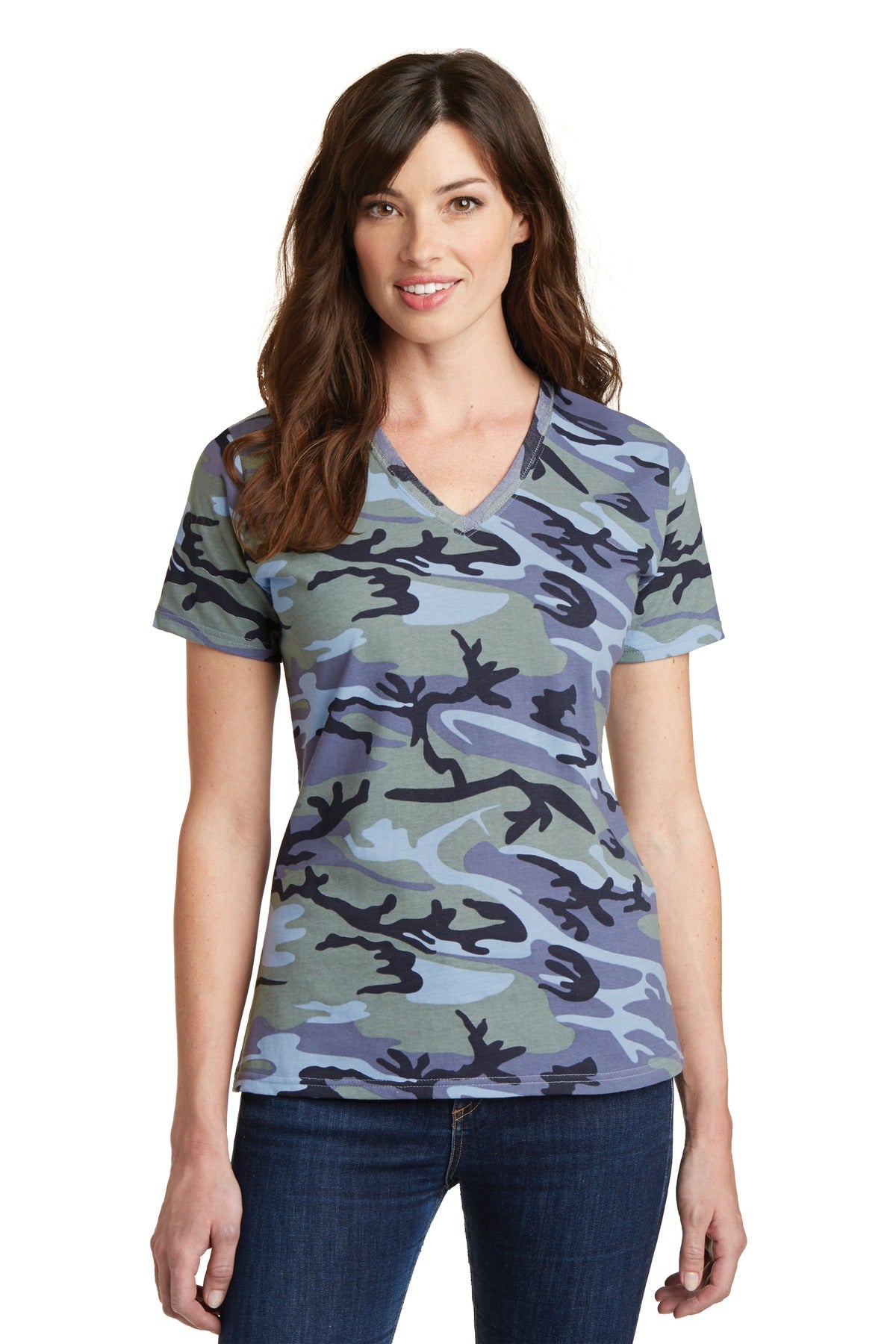 Port & Co Women's Core Cotton Camo V-Neck Tee