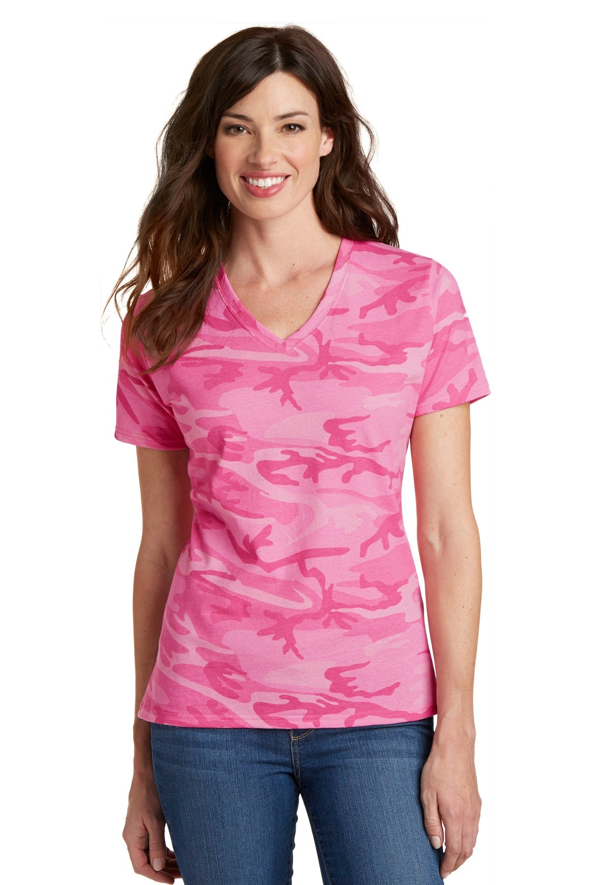 Port & Co Women's Core Cotton Camo V-Neck Tee