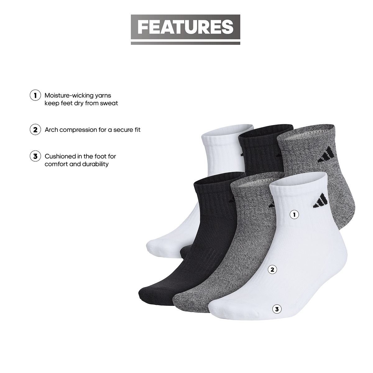 adidas Men's Athletic Cushioned 6-Pack Quarter Sock-2