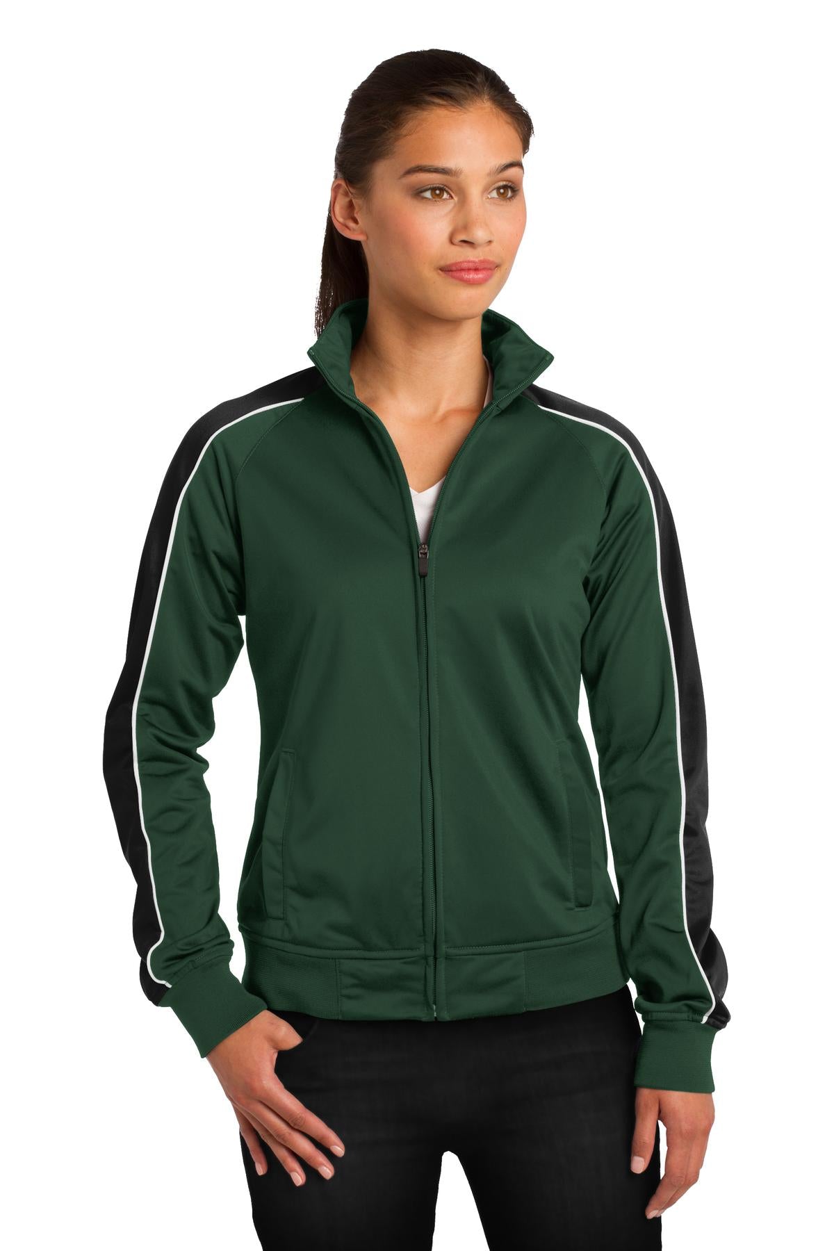 Sport-Tek Ladies Piped Tricot Track Jacket. LST92 Womens Apparel Jackets & Vests