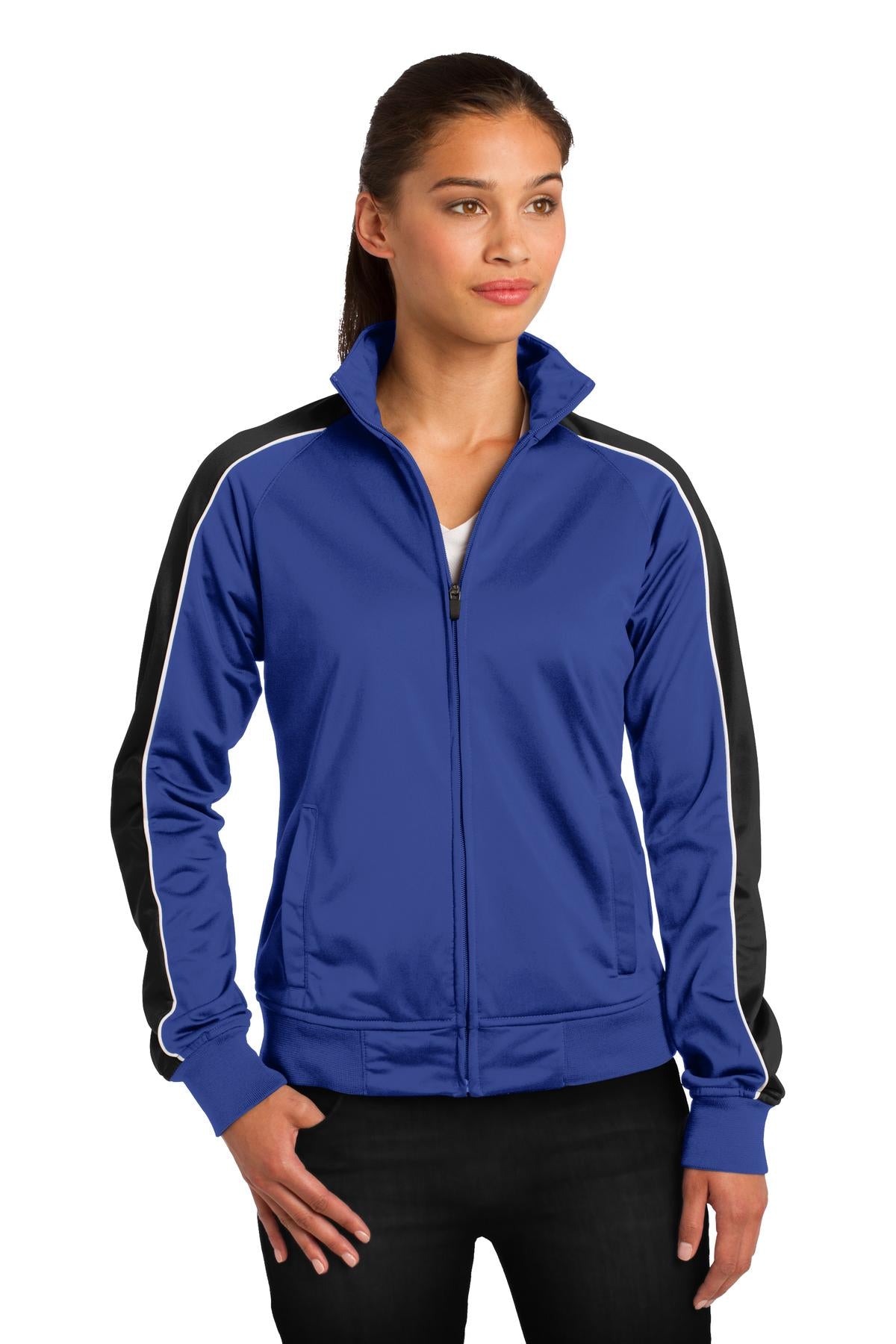 Sport-Tek Ladies Piped Tricot Track Jacket. LST92 Womens Apparel Jackets & Vests