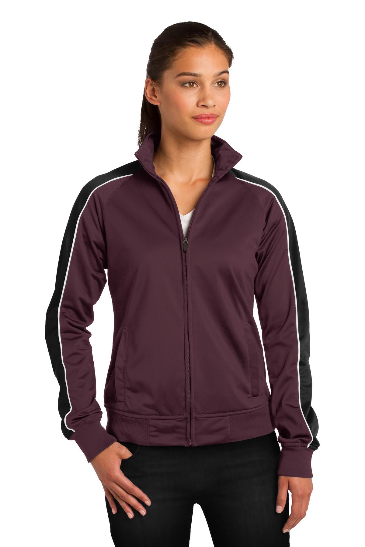 Sport-Tek Ladies Piped Tricot Track Jacket. LST92 Womens Apparel Jackets & Vests