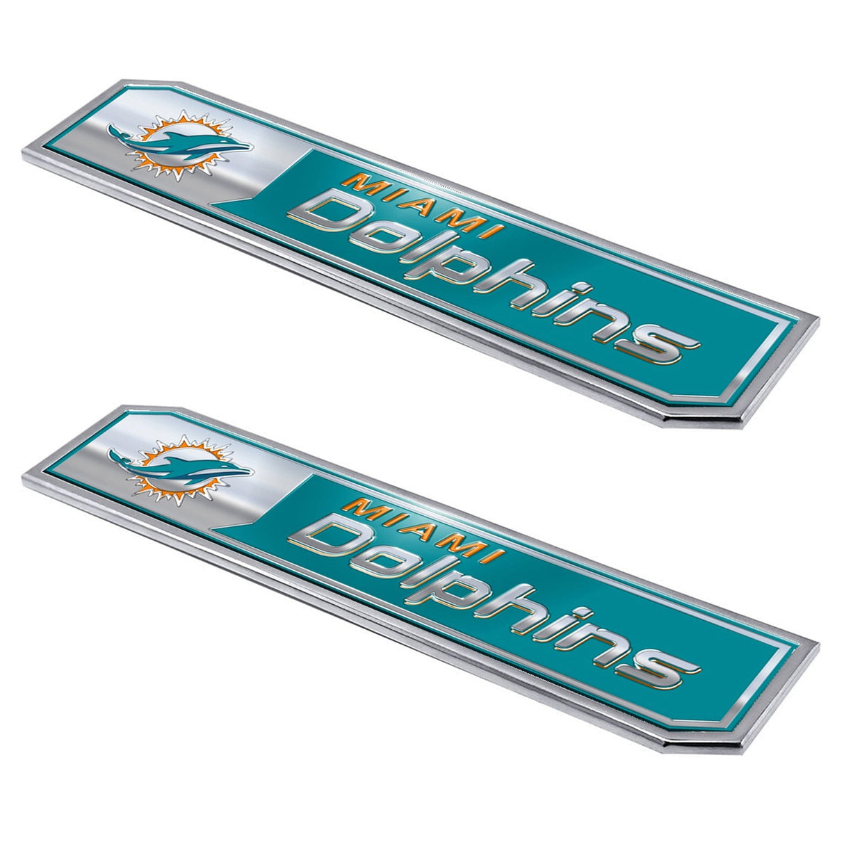 Fanmats Miami Dolphins 2 Piece Heavy Duty Aluminum Embossed Truck Emblem Set Fan Gear NFL Miami Dolphins