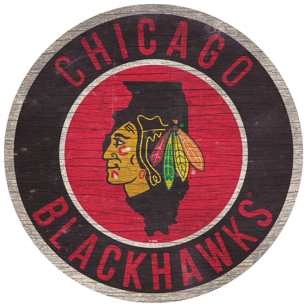 Fan Creations Chicago Blackhawks 12 Inch Round State Design Wood Sign Fan Gear NHL Chicago Blackhawks