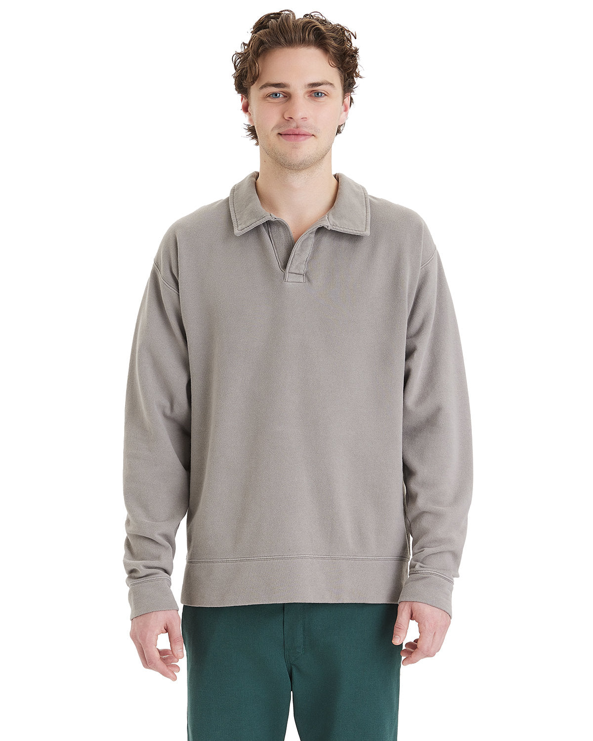Hanes Garment Dye Polo Collar Sweatshirt Mens Apparel Shirts & Tops