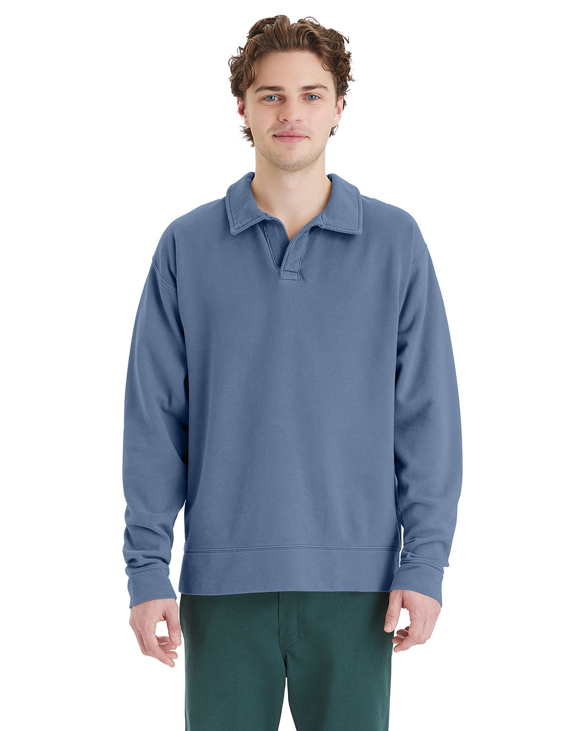 Hanes Garment Dye Polo Collar Sweatshirt Mens Apparel Shirts & Tops