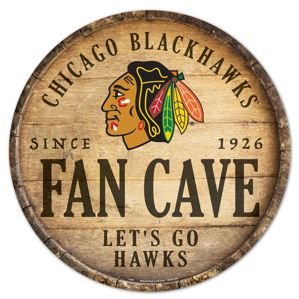 Wincraft Chicago Blackhawk 14 Inch Round Barrel Top Designs Wood Sign - Special Order Fan Gear NHL Chicago Blackhawks
