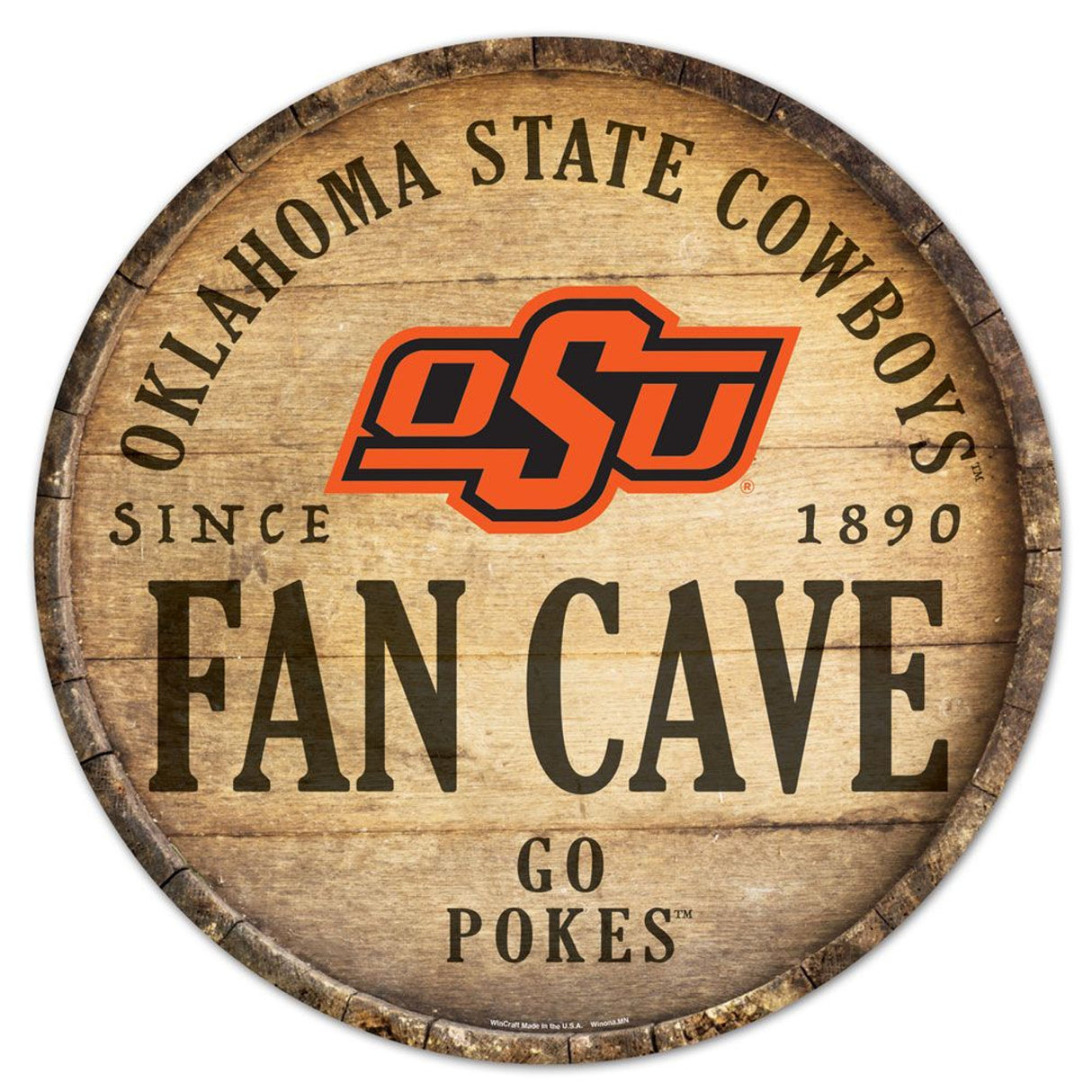 Wincraft Oklahoma State Cowboys 14 Inch Round Barrel Top Design Wood Sign - Special Order Fan Gear NCAA Oklahoma State Cowboys