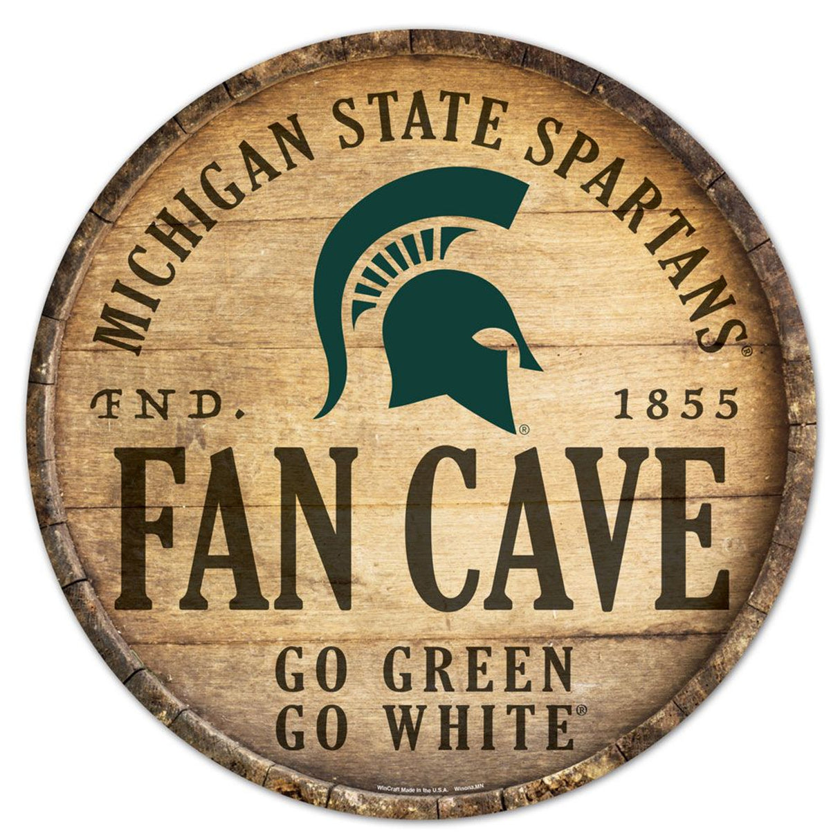 Wincraft Michigan State Spartans 14 Inch Round Barrel Top Design Wood Sign Fan Gear NCAA Michigan State Spartans