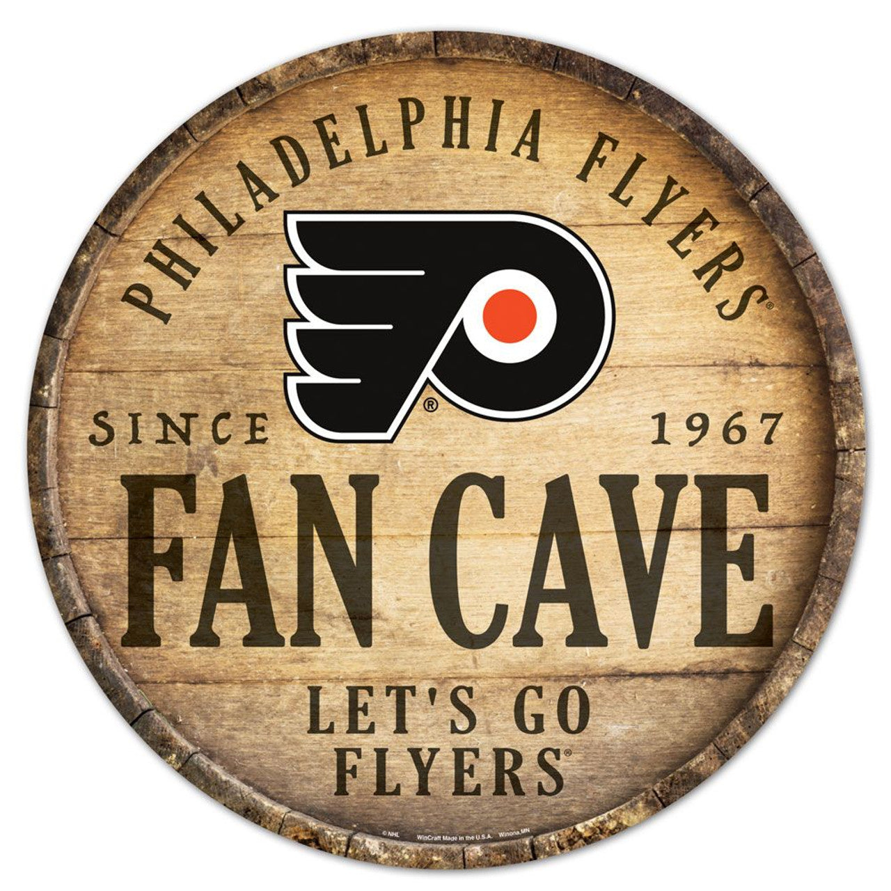 Wincraft Philadelphia Flyers 14 Inch Round Barrel Top Design Wood Sign - Special Order Fan Gear NHL Philadelphia Flyers