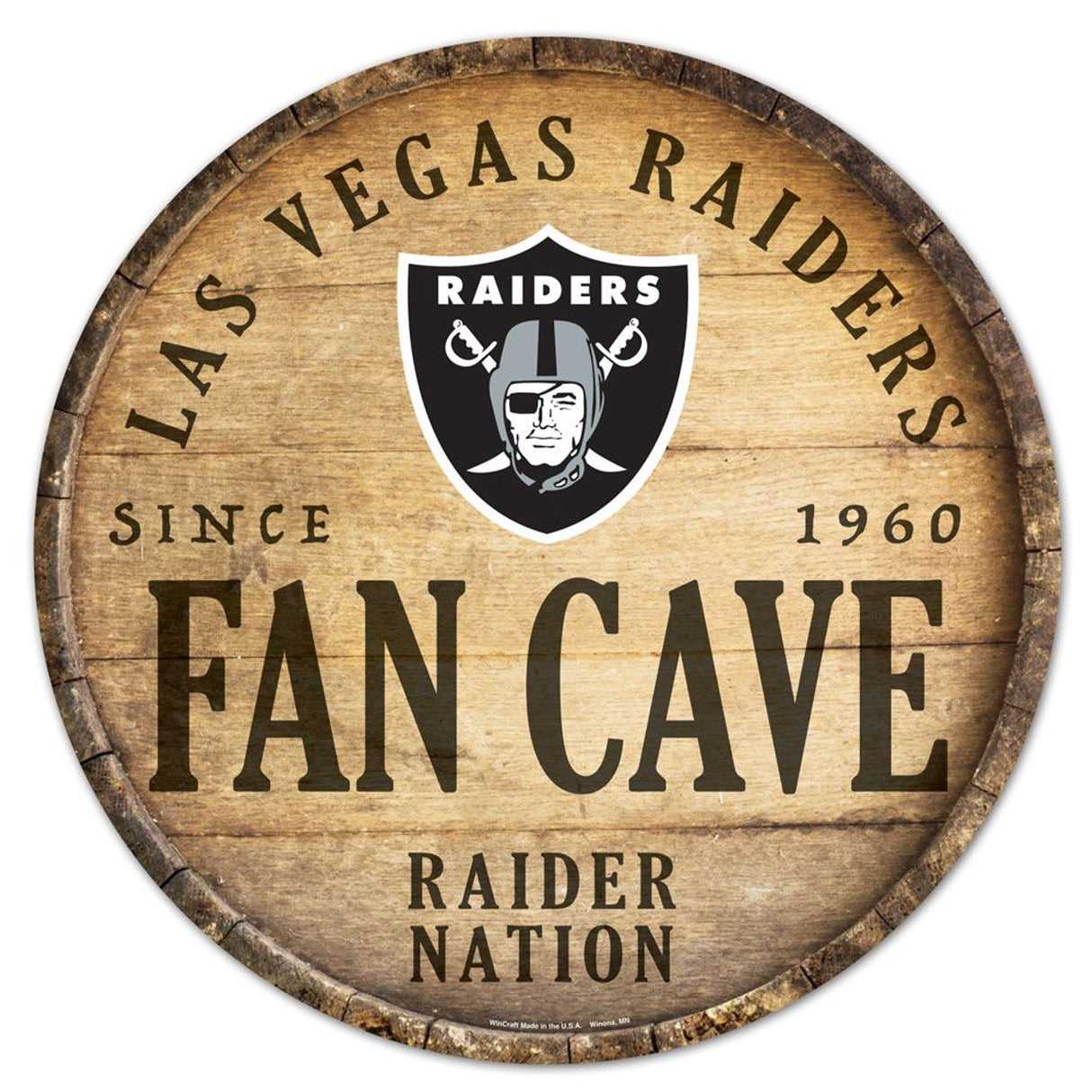 Wincraft Las Vegas Raiders 14 Inch Round Barrel Top Design Wood Sign Fan Gear NFL Las Vegas Raiders