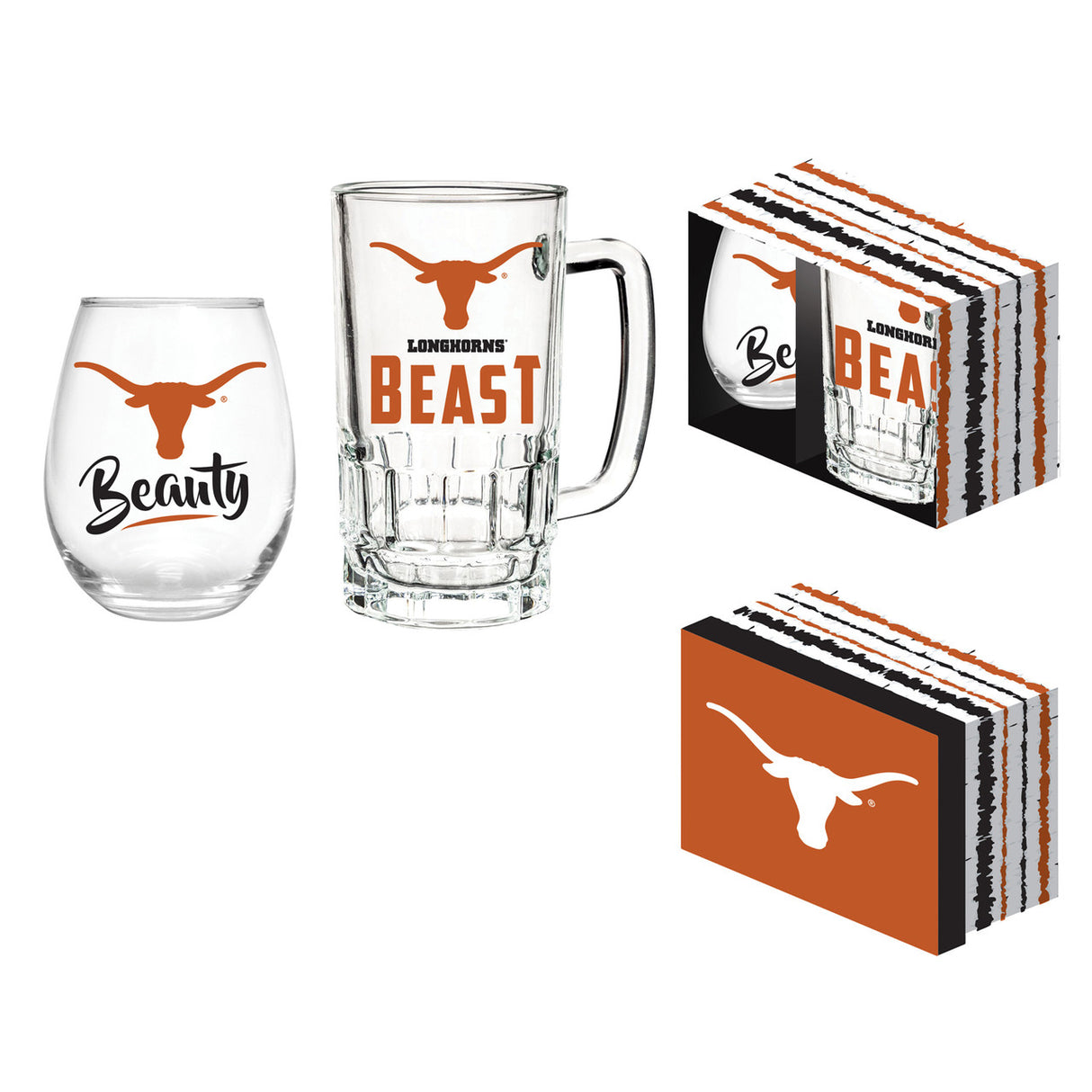 Evergreen Enterprises Texas Longhorns 17oz Stemless Wine Glass and 16oz Tankard Drink Set Fan Gear NCAA Texas Longhorns