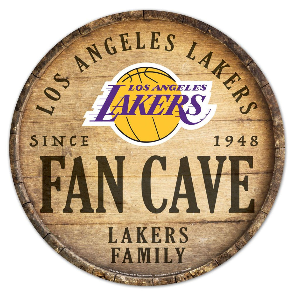 Wincraft Los Angeles Lakers 14 Inch Round Barrel Top Design Wood Sign - Special Order Fan Gear NBA Los Angeles Lakers
