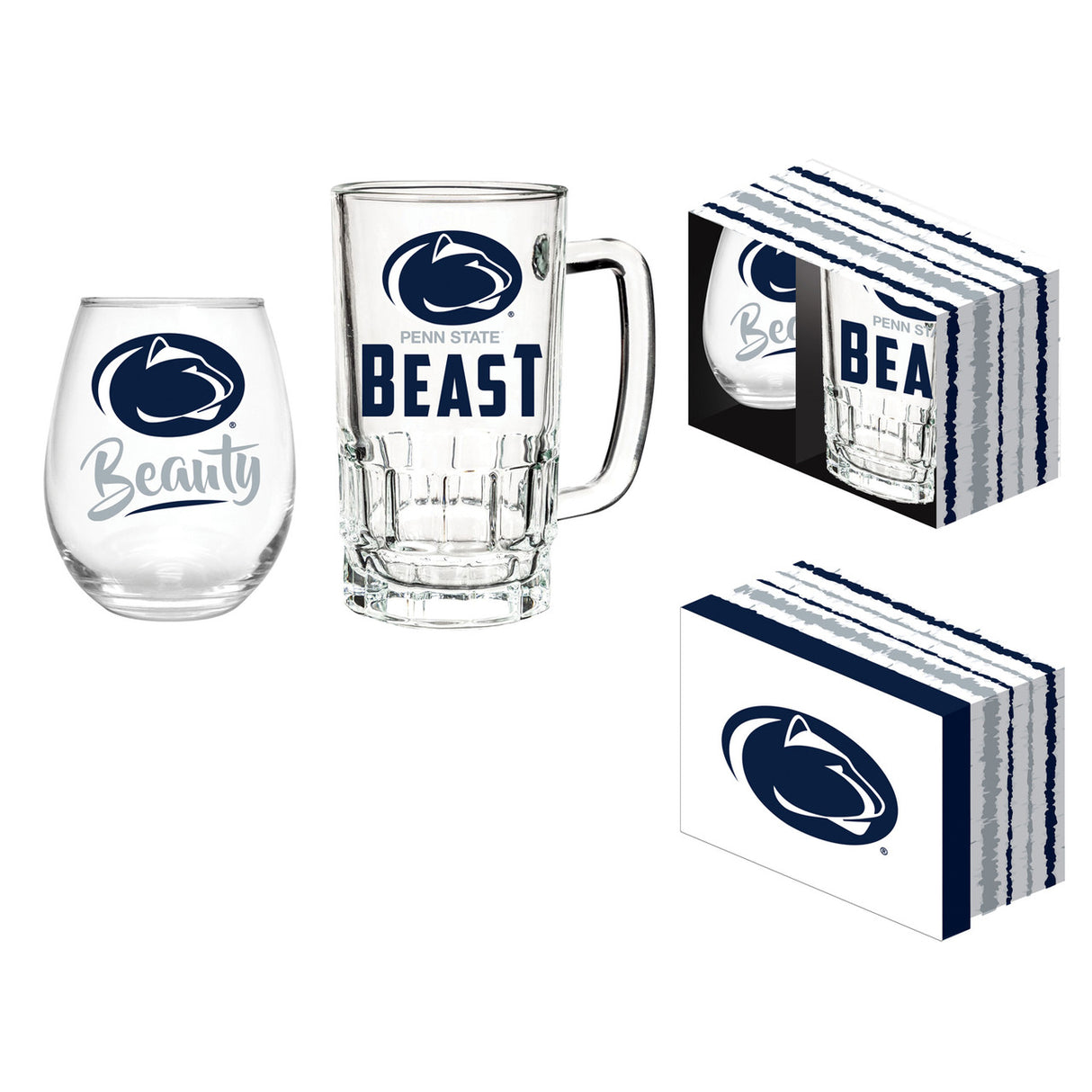 Evergreen Enterprises Penn State Nittany Lions 17oz Stemless Wine Glass and 16oz Tankard Boxed Drink Set Fan Gear NCAA Penn State Nittany Lions