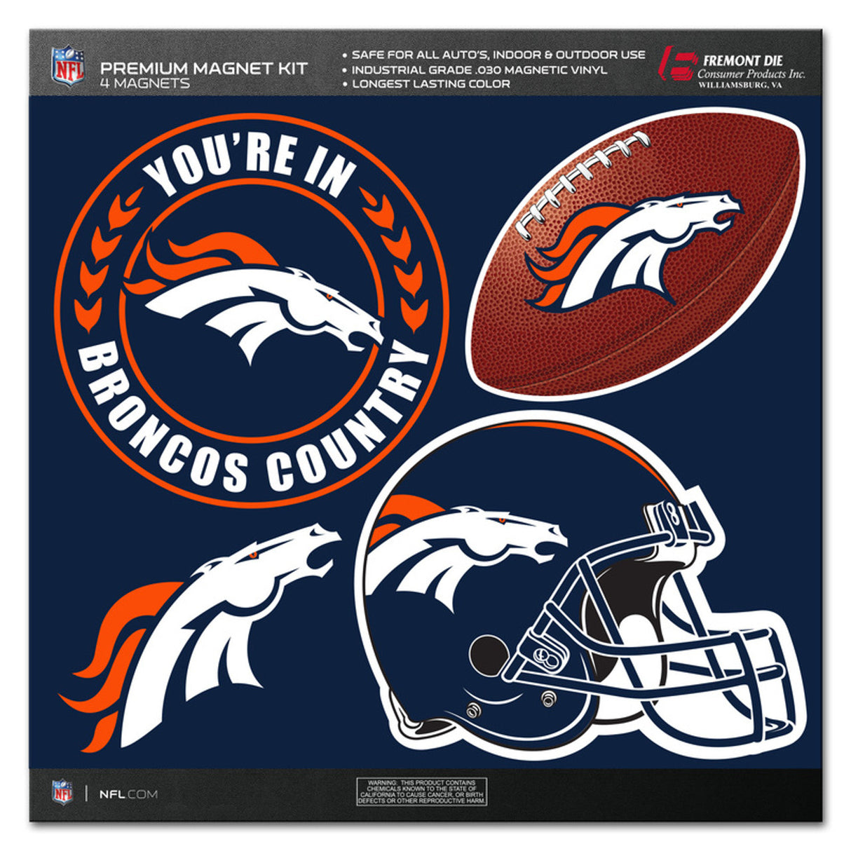 Fremont Die Denver Broncos 4 Piece Magnet Kit Fan Gear NFL Denver Broncos