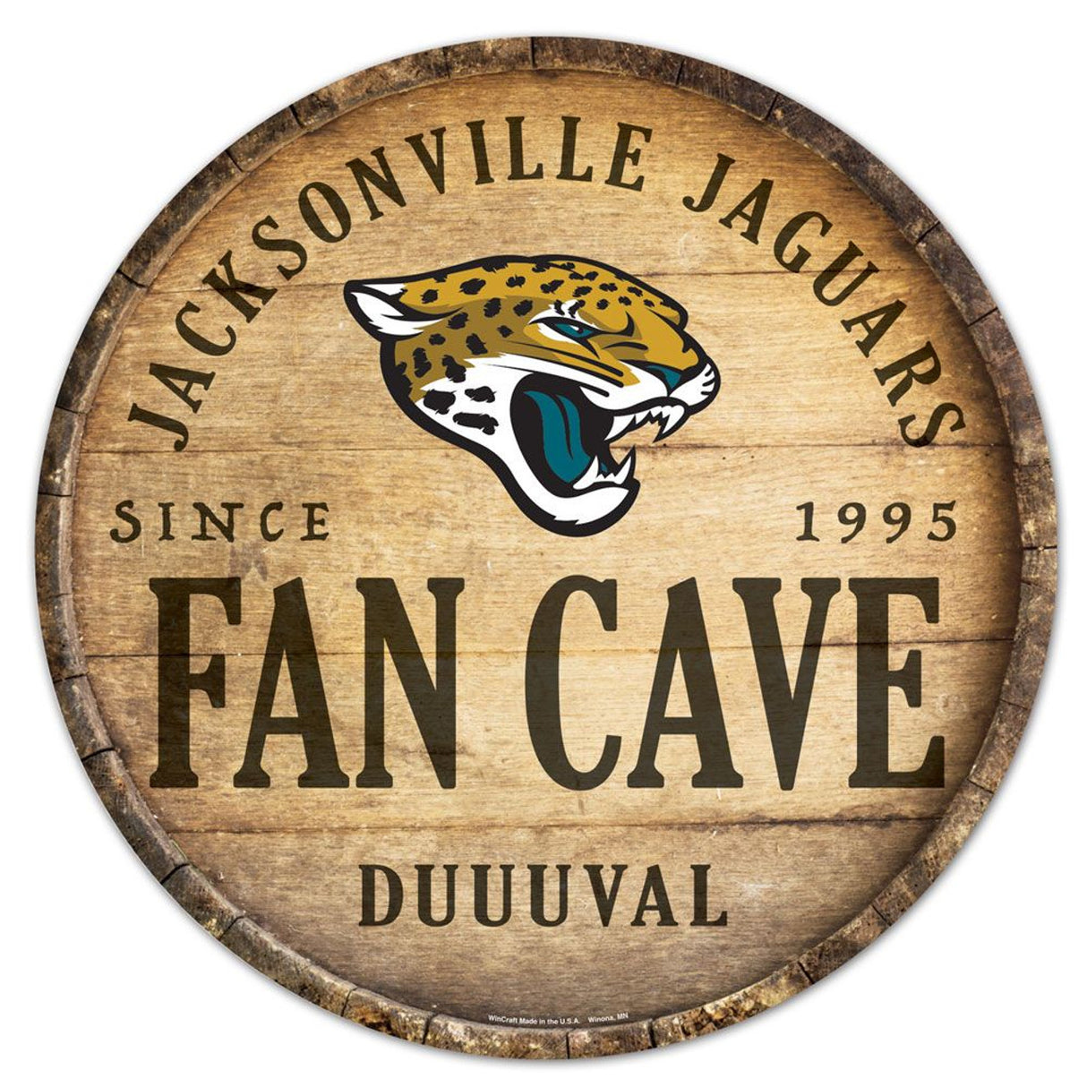Wincraft Jacksonville Jaguars 14 Inch Round Barrel Top Design Wood Sign Fan Gear NFL Jacksonville Jaguars