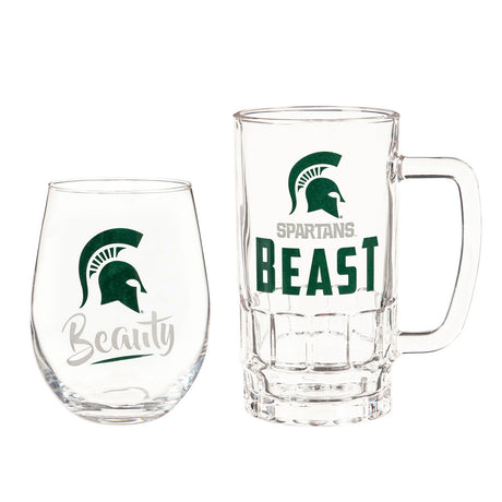 Evergreen Enterprises Michigan State Spartans 17oz Stemless Wine and 16oz Tankard Drink Set Fan Gear NCAA Michigan State Spartans