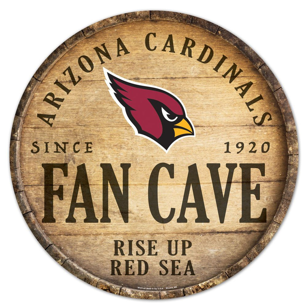 Wincraft Arizona Cardinals 14 Inch Round Barrel Top Design Wood Sign Fan Gear NFL Arizona Cardinals