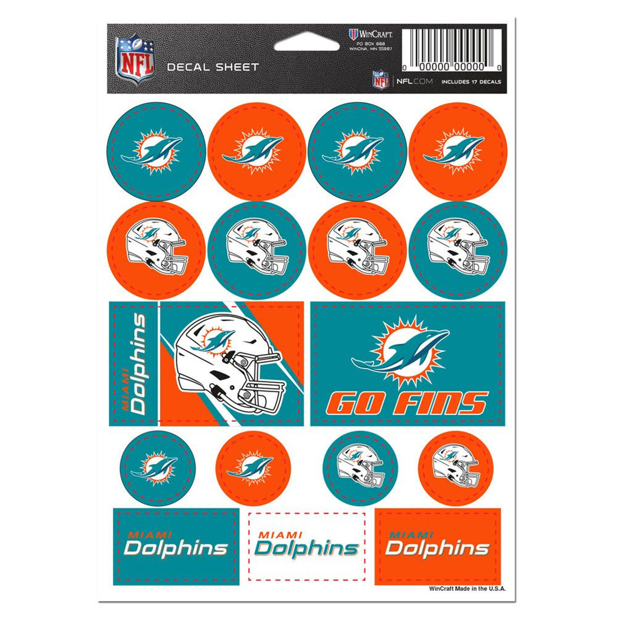 Wincraft Miami Dolphins Vinyl Decal Sheet 5x7 Fan Gear NFL Miami Dolphins