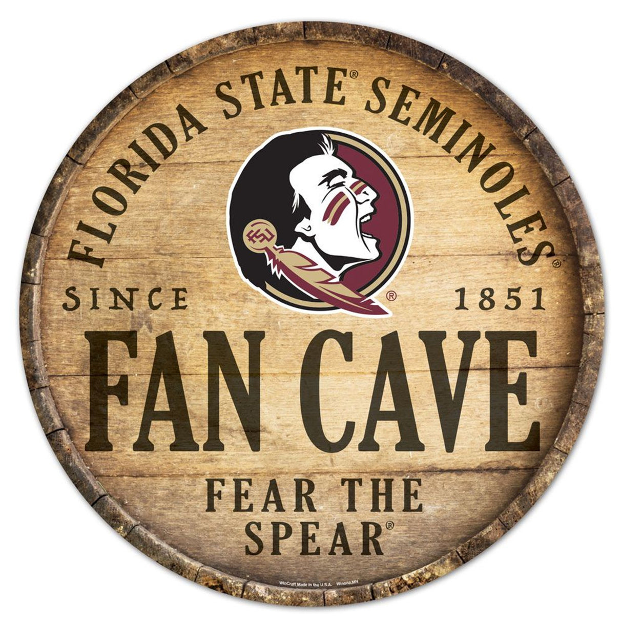 Wincraft Florida State Seminoles 14 Inch Round Barrel Top Design Wood Sign Fan Gear NCAA Florida State Seminoles