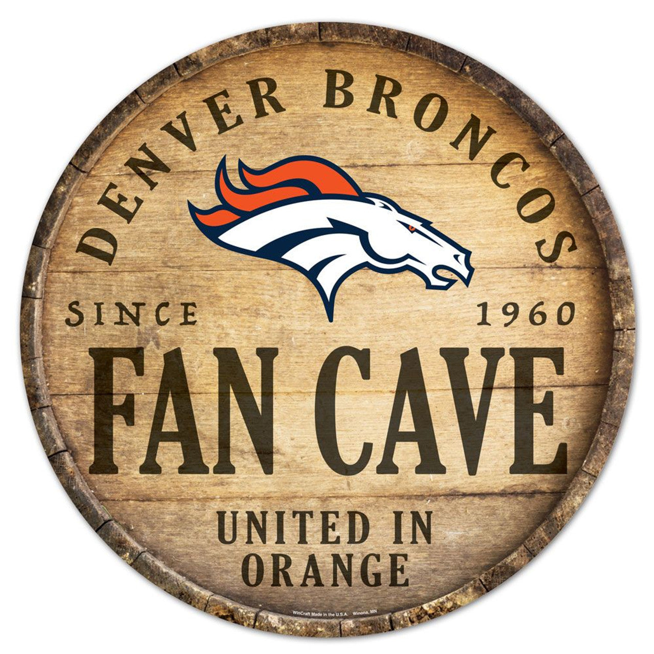 Wincraft Denver Broncos 14 Inch Round Barrel Top Design Wood Sign Fan Gear NFL Denver Broncos
