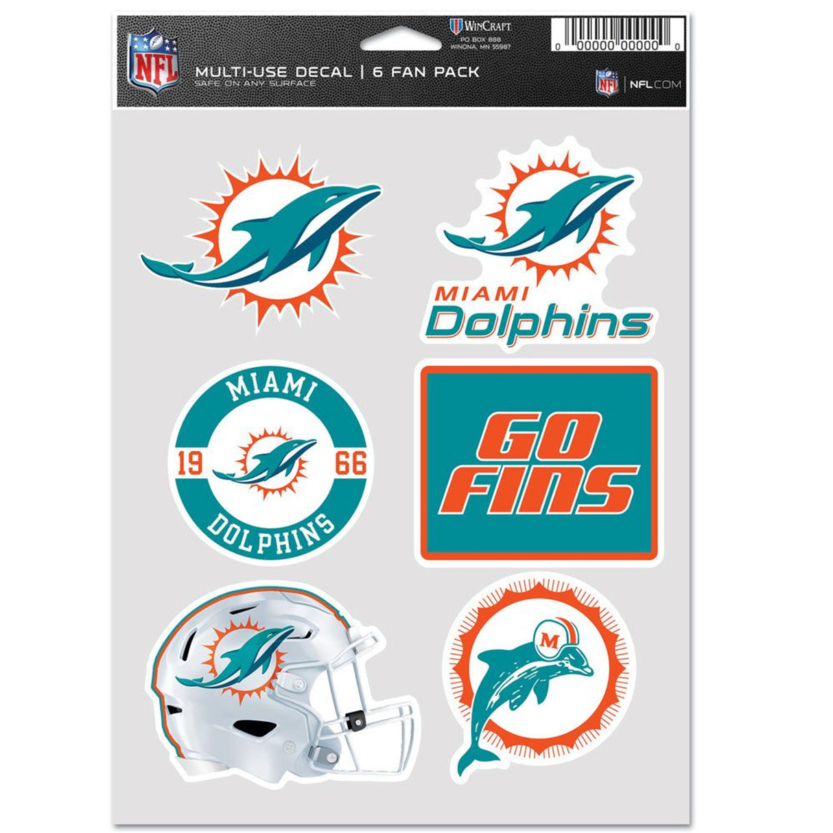 Wincraft Miami Dolphins Fan 6 Pack Multi Use Decal Fan Gear NFL Miami Dolphins