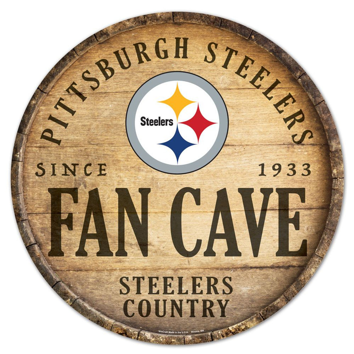 Wincraft Pittsburgh Steelers 14 Inch Round Barrel Top Design Wood Sign Fan Gear NFL Pittsburgh Steelers