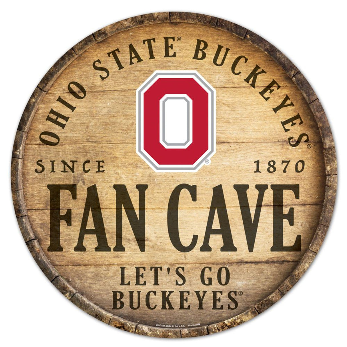 Wincraft Ohio State Buckeyes 14 Inch Round Barrel Top Design Wood Sign Fan Gear NCAA Ohio State Buckeyes