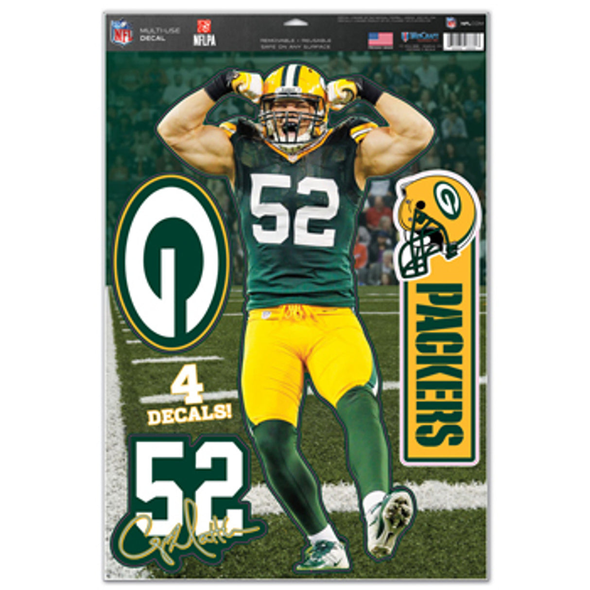Wincraft Green Bay Packers Multi Use 4 Piece Clay Matthews Design Decal 11x17 Fan Gear NFL Green Bay Packers