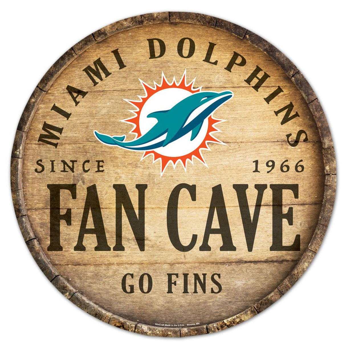 Wincraft Miami Dolphins 14 Inch Round Barrel Top Design Wood Sign Fan Gear NFL Miami Dolphins