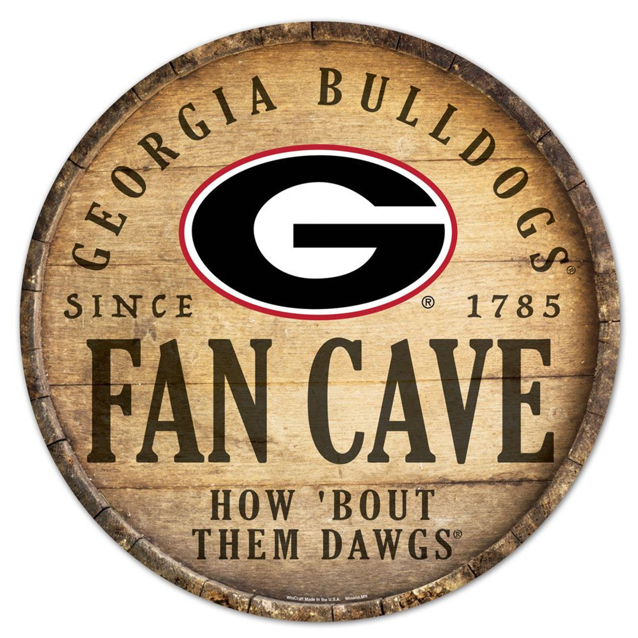 Wincraft Georgia Bulldogs 14 Inch Round Barrel Top Design Wood Sign Fan Gear NCAA Georgia Bulldogs