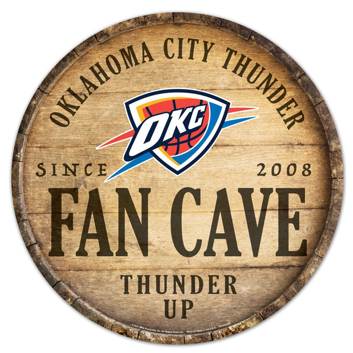 Wincraft Oklahoma City Thunder 14 Inch Round Barrel Top Design Wood Sign - Special Order Fan Gear NBA Oklahoma City Thunder