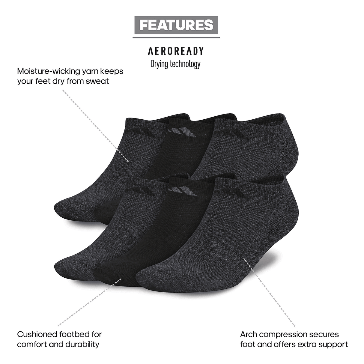 adidas Men's Athletic Cushioned No Show Socks 3 Pairs Unisex Accessories Socks