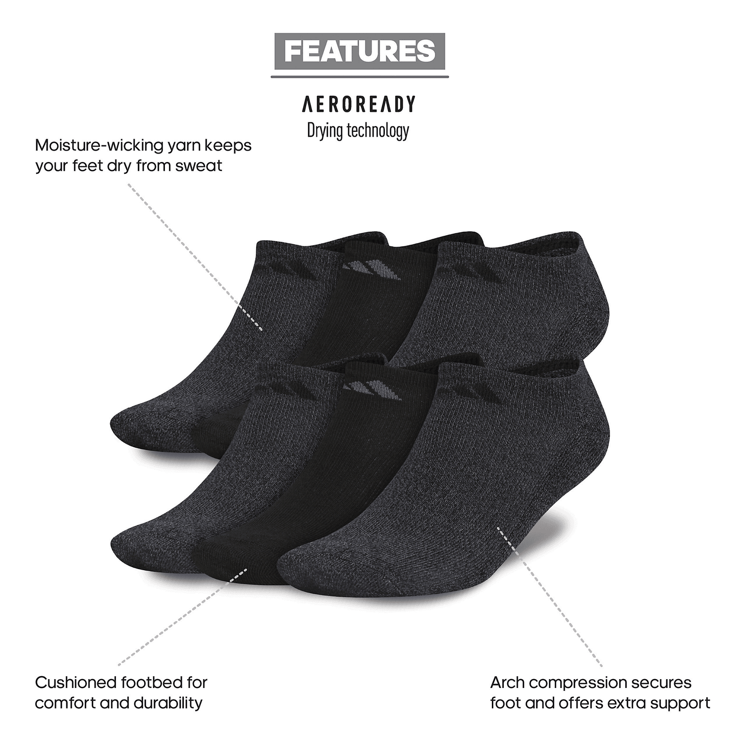 adidas Men's Athletic Cushioned No Show Socks 3 Pairs Unisex Accessories Socks