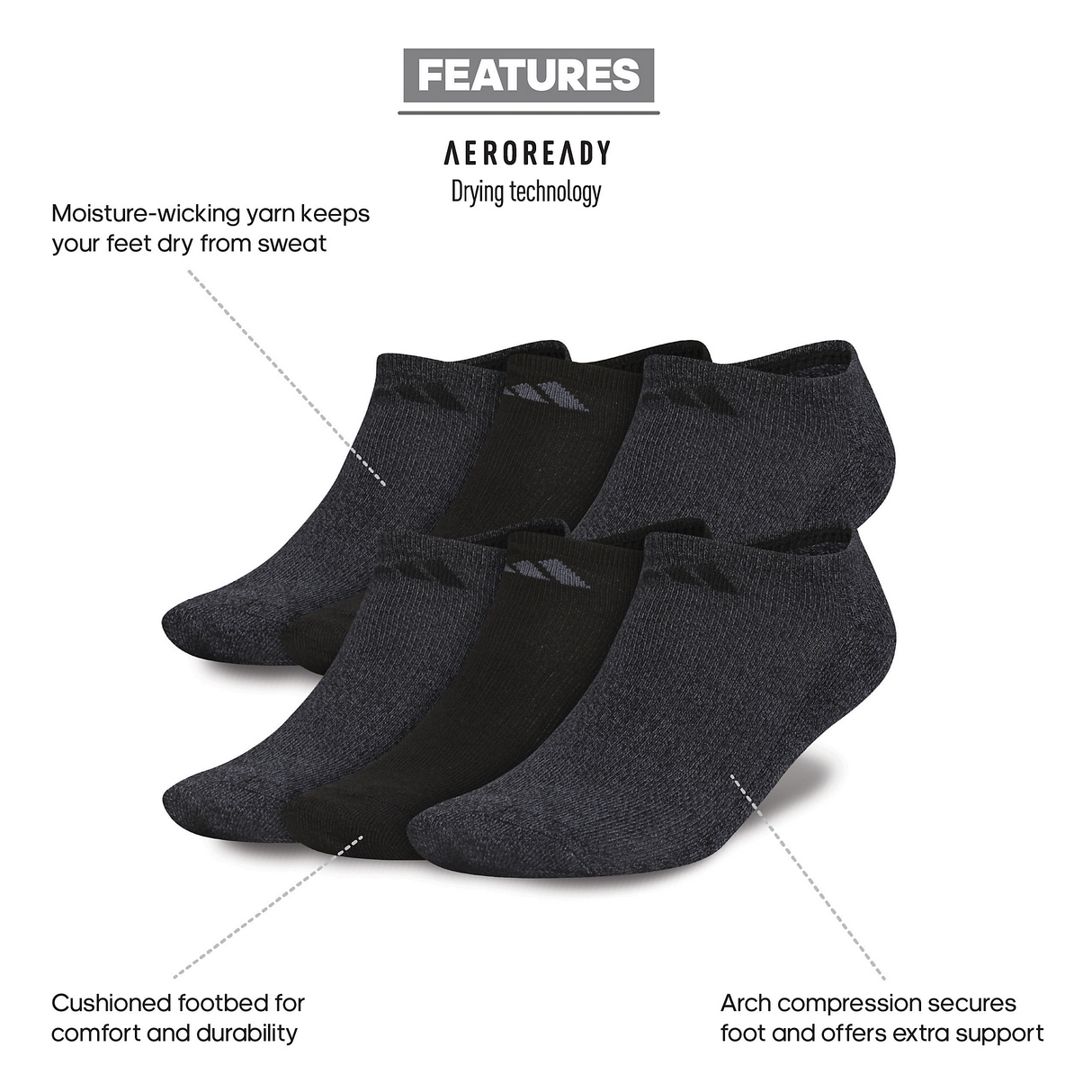 adidas Men's Athletic Cushioned No Show Socks (6 Pairs)-2