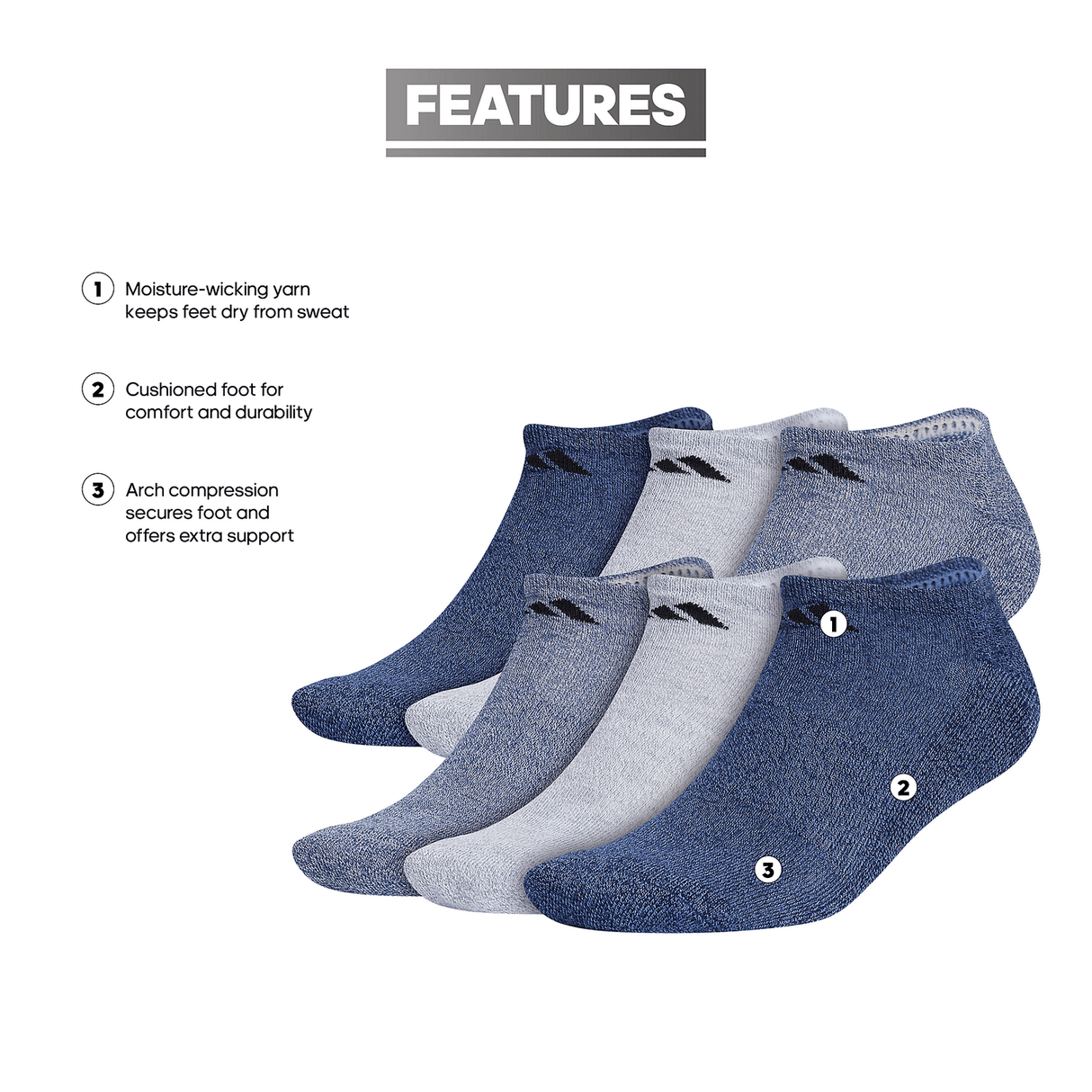 adidas Men's Athletic Cushioned No Show Socks 3 Pairs Unisex Accessories Socks