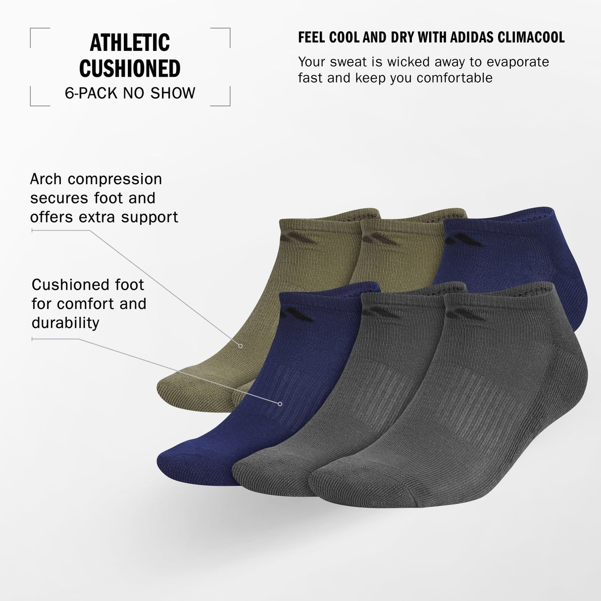 adidas Men's Athletic Cushioned No Show Socks 3 Pairs Unisex Accessories Socks