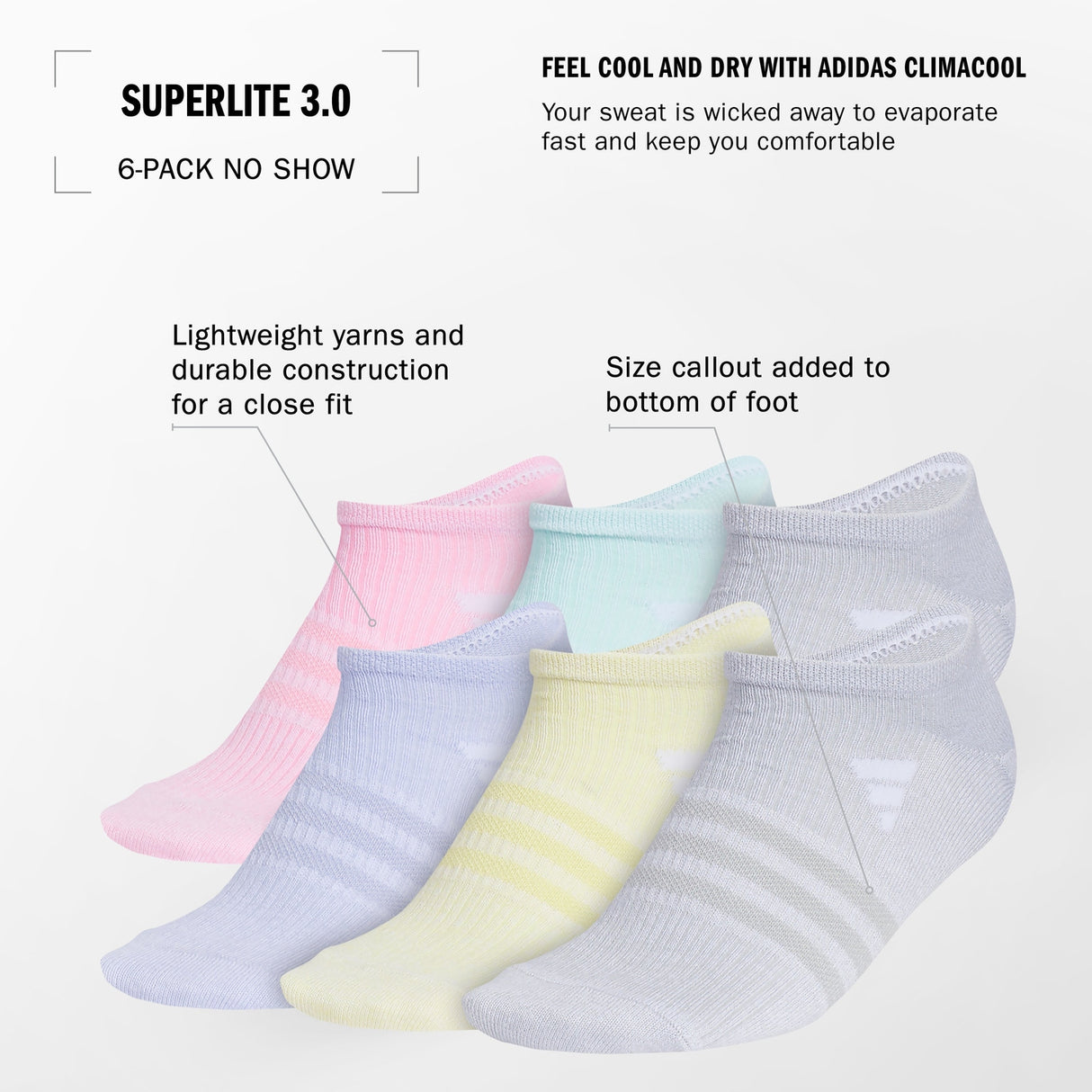 adidas Girl's Superlite 3.0 6-Pack No Show Socks Unisex Accessories Socks