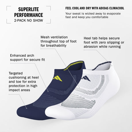 adidas Unisex Superlite Performance No Show Socks 2 Pairs Unisex Accessories Socks