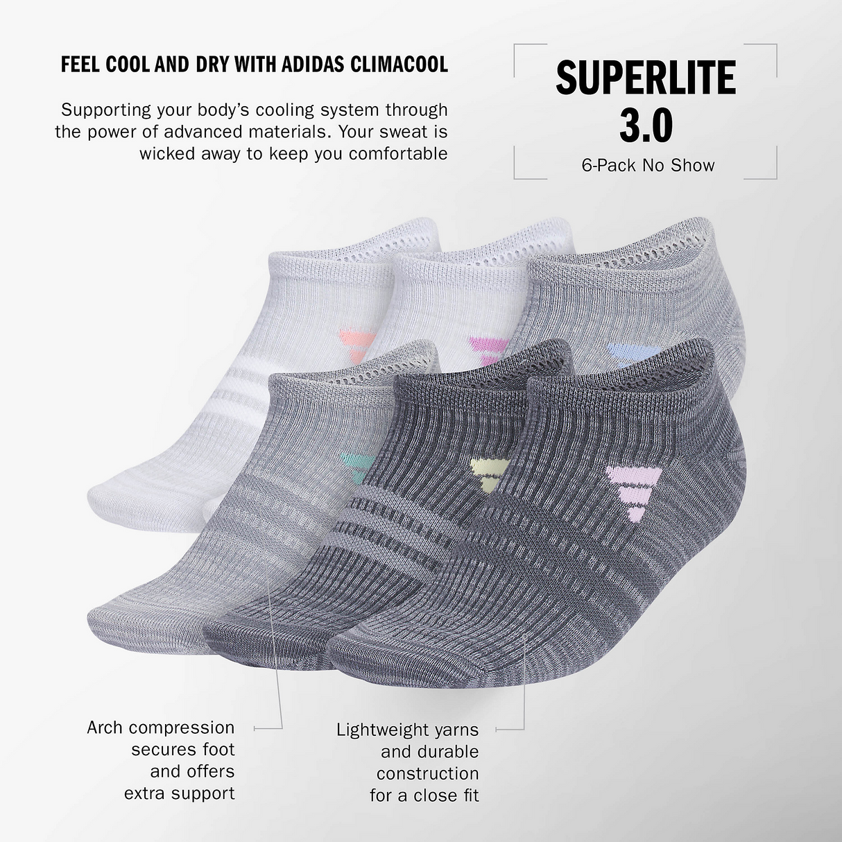 adidas Women's Superlite 3.0 No Show Socks (6-Pack)-2