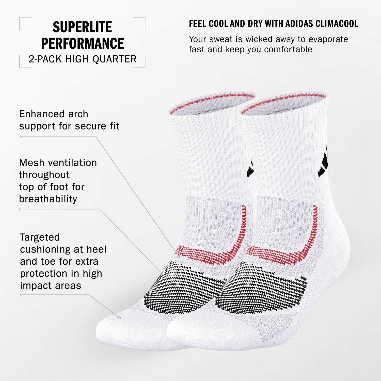 adidas Unisex Superlite Performance 2-Pack High Quarter Socks Unisex Accessories Socks